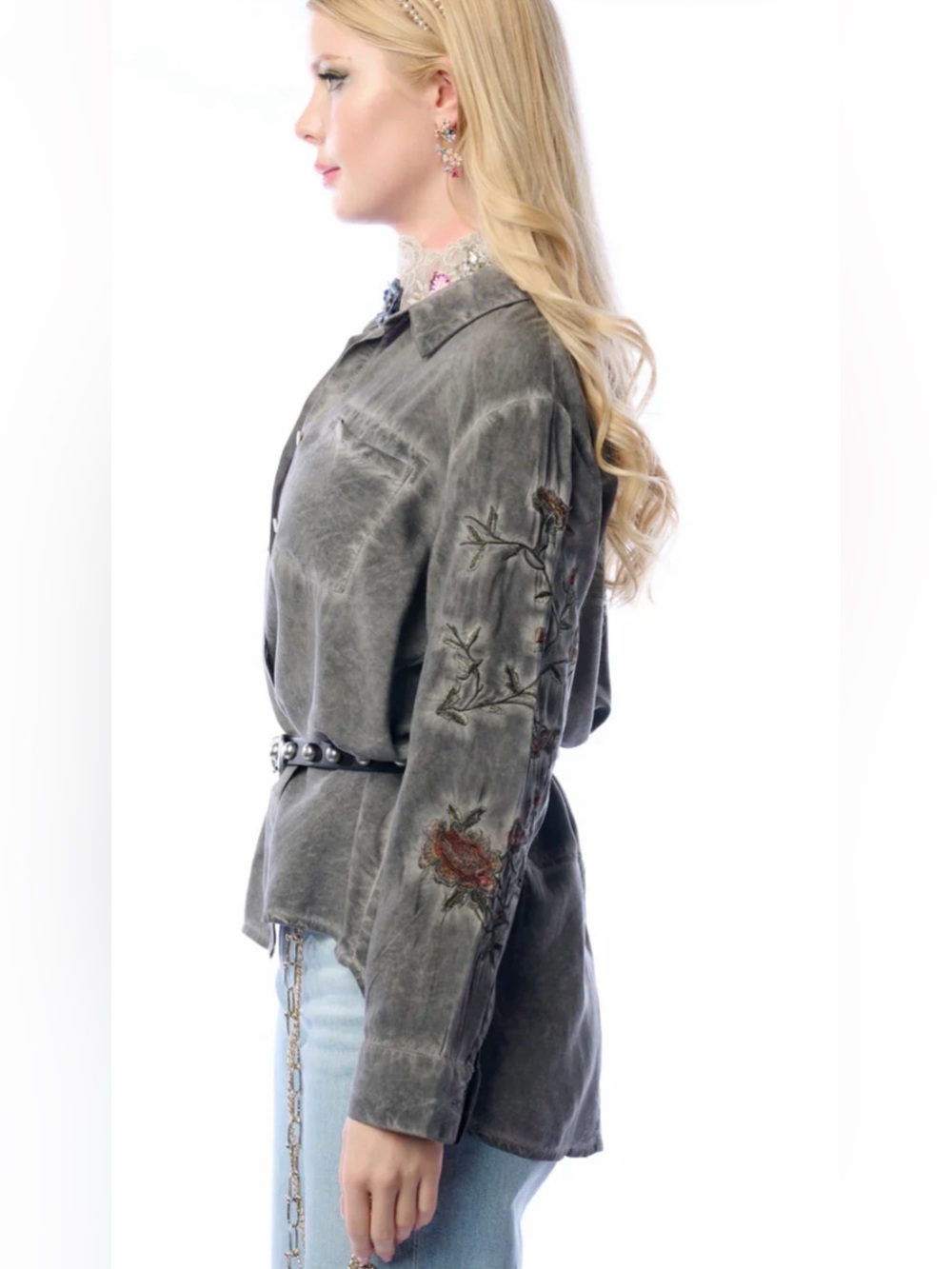 Aratta Washed Grey Embroidered Button-Down Shirt - Women